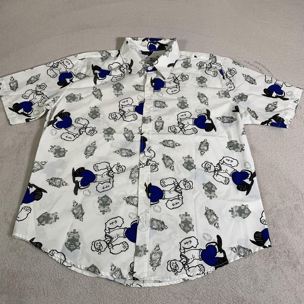 Weekend Warrior Shirt Mens XL‎ White Popeye Cartoon AOP Short Sleeve Button Up
